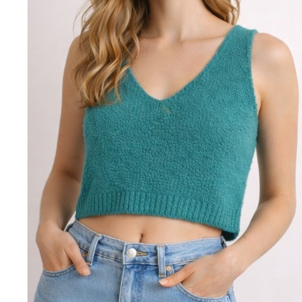 A New Day Womens Teal Knit Sweater Tank Crop Top Sleeveless V Neck Size L